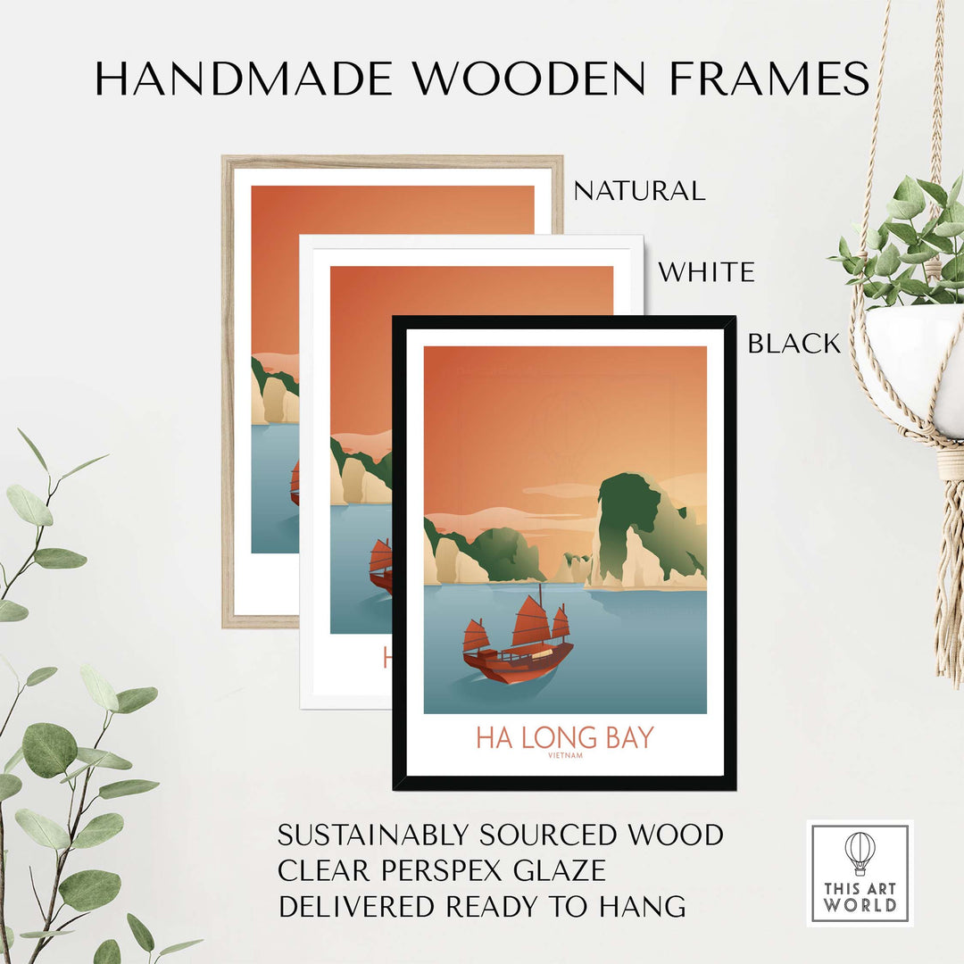 Ha Long Bay art prints in handmade wooden frames; natural, white, and black options for stylish decor.