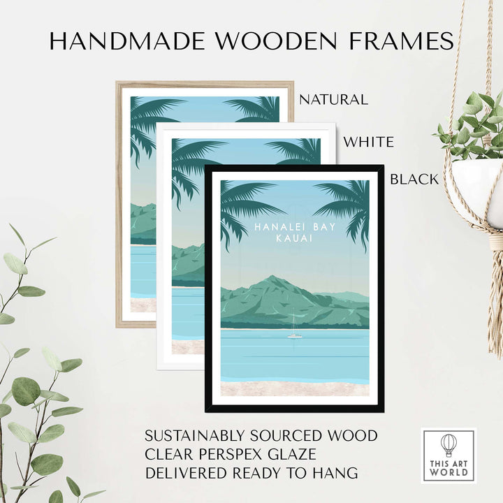 Handmade wooden frames in natural, white, and black styles for Kauai wall art, sustainably sourced and ready to hang.