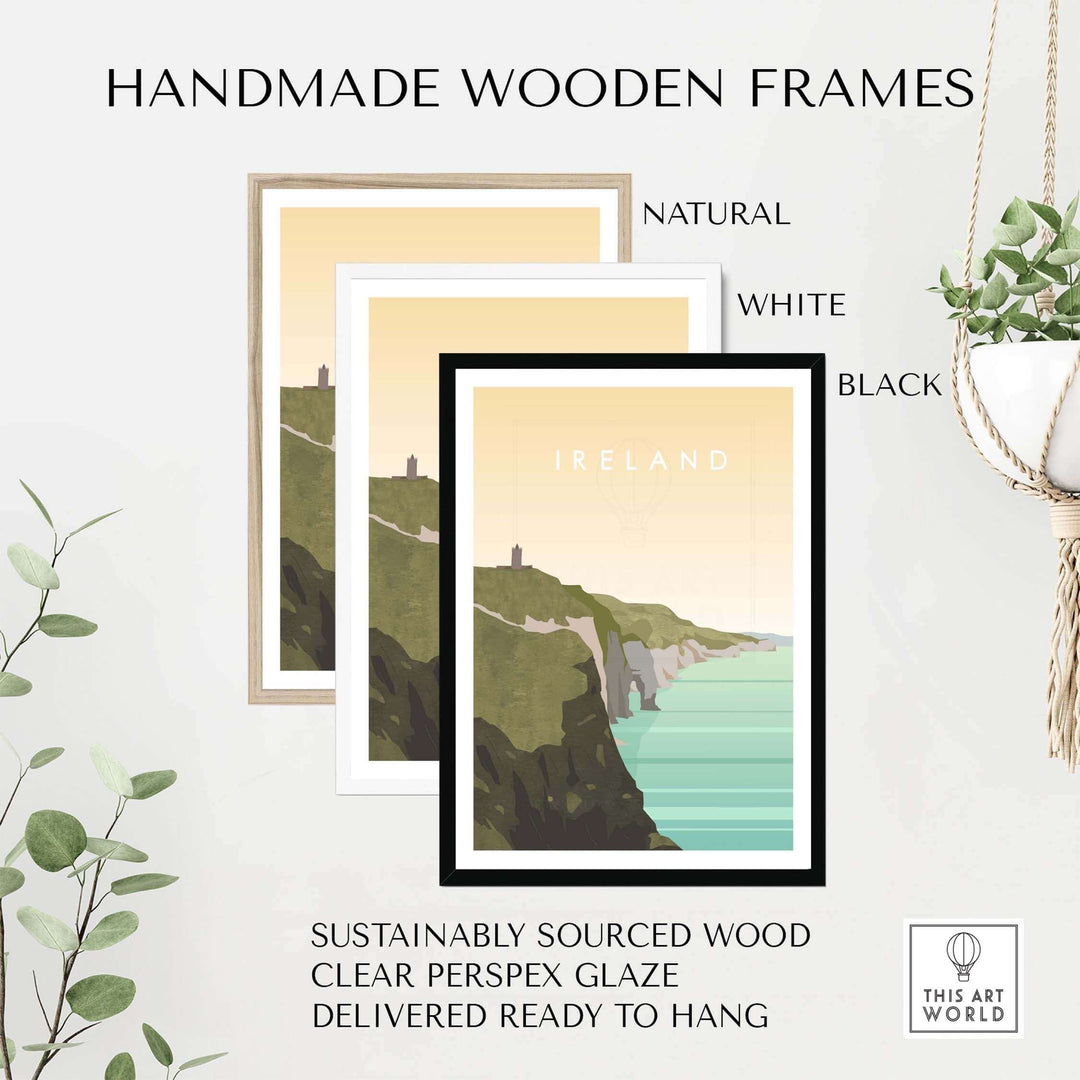 Handmade wooden frames for Ireland travel posters in natural, white, and black colors, sustainably sourced and ready to hang.