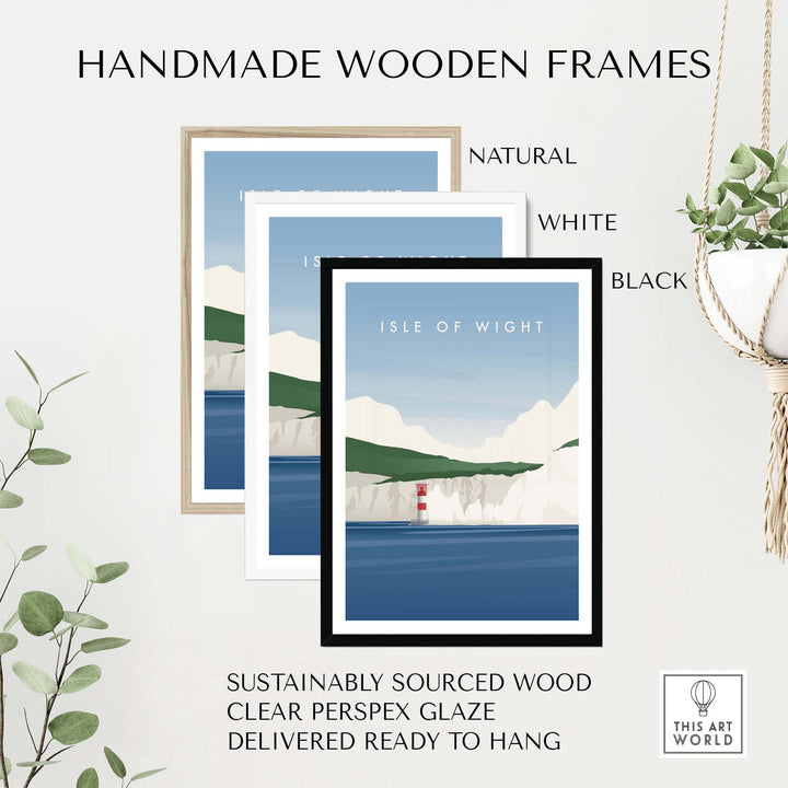 Handmade wooden frames for Isle of Wight wall art poster in natural, white, and black finishes. Perfect for stylish decor.