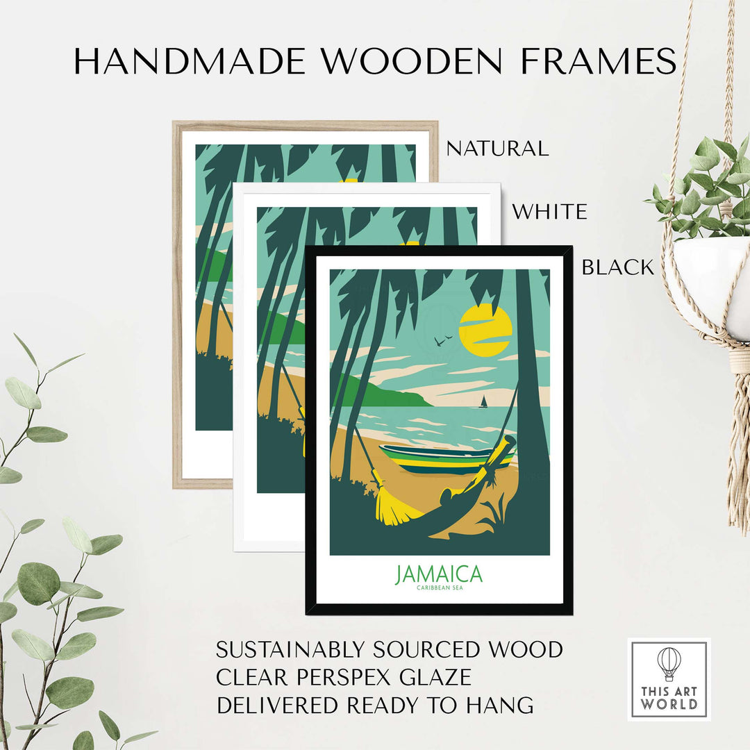 Handmade wooden frames in natural, white, and black, showcasing Jamaica poster, sustainably sourced and ready to hang.