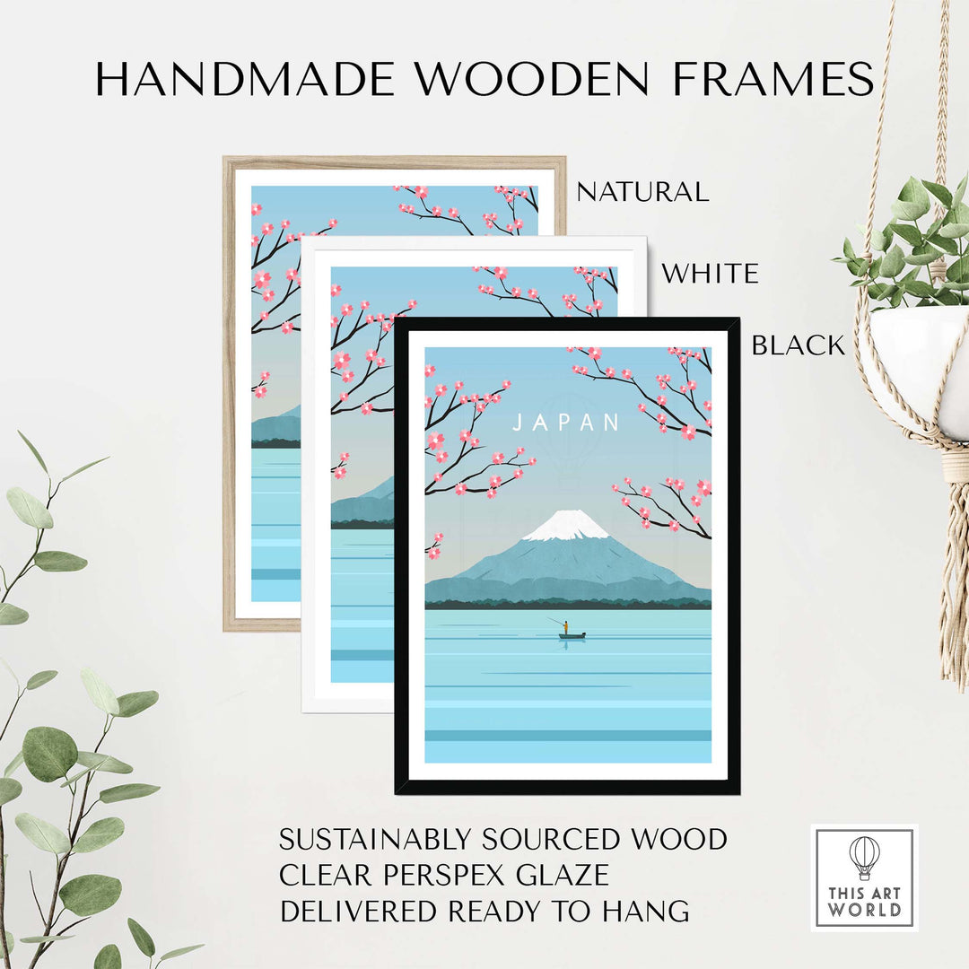 Handmade wooden frames in natural, white, and black colors for Japan Mount Fuji wall art.