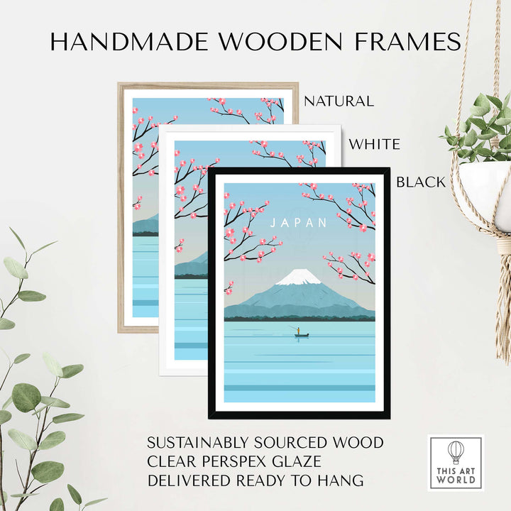 Handmade wooden frames in natural, white, and black colors for Japan Mount Fuji wall art.