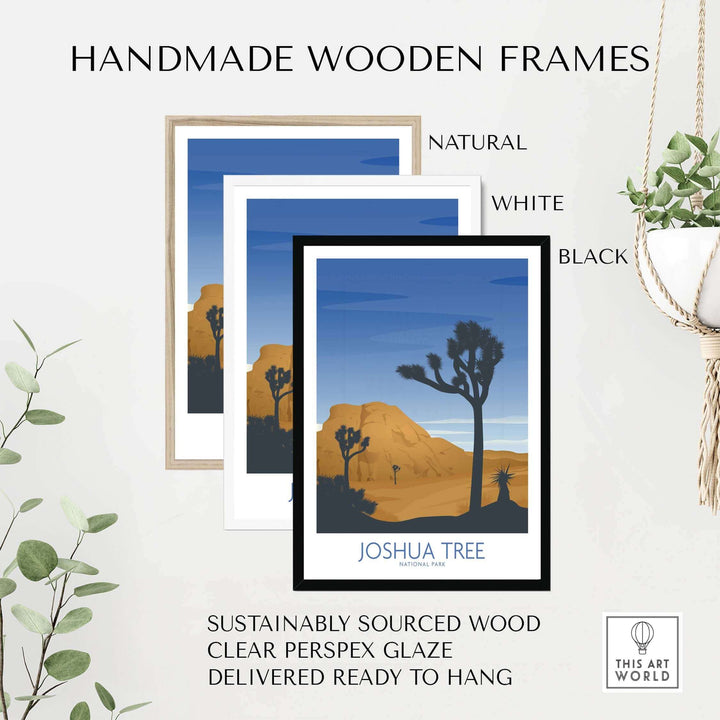 Handmade wooden frames in natural, white, and black colors for Joshua Tree National Park art print.