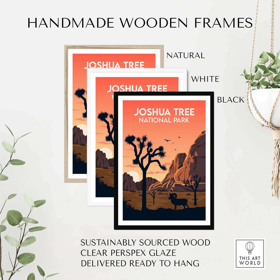 Handmade wooden frames for Joshua Tree National Park print in natural, white, and black finishes.