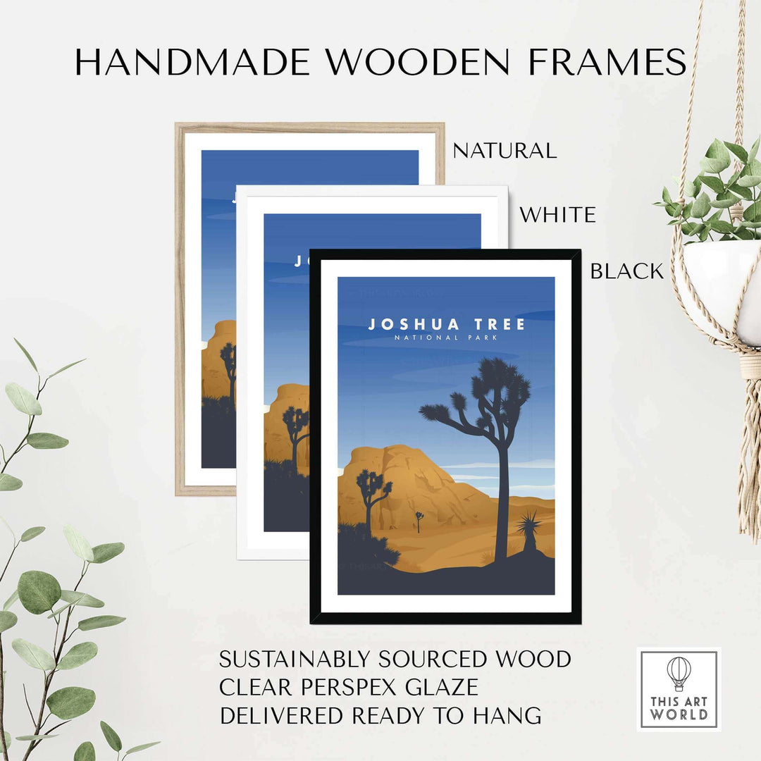 Handmade wooden frames in natural, white, and black for Joshua Tree National Park Art, ready to hang.