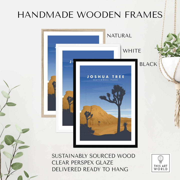 Handmade wooden frames in natural, white, and black for Joshua Tree National Park Art, ready to hang.