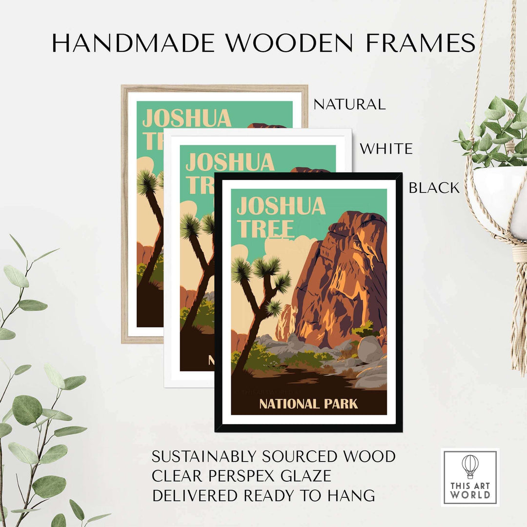 Joshua Tree National Park prints in handmade wooden frames, showcasing natural, white, and black options, ready to hang.