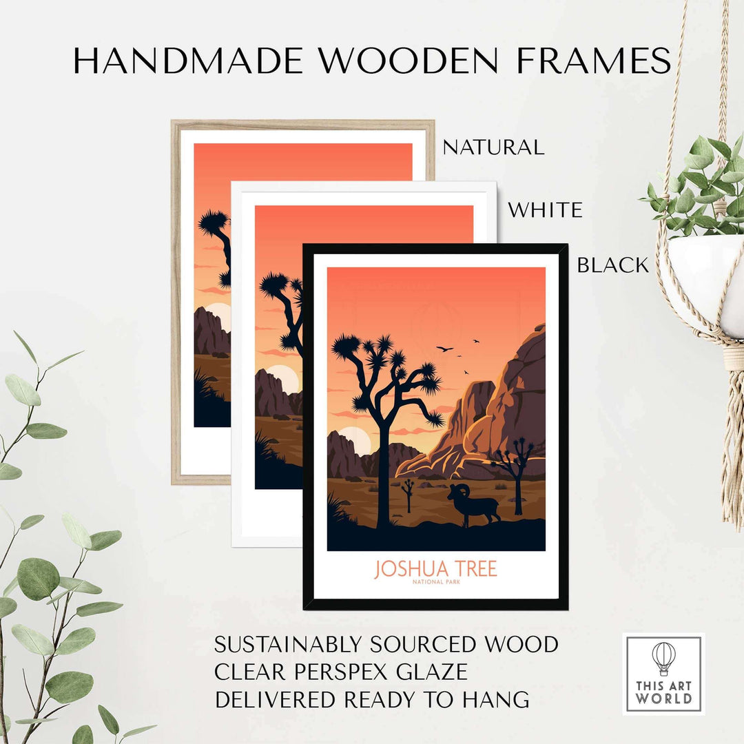 Handmade wooden frames for Joshua Tree wall art in natural, white, and black styles, sustainably sourced and ready to hang.