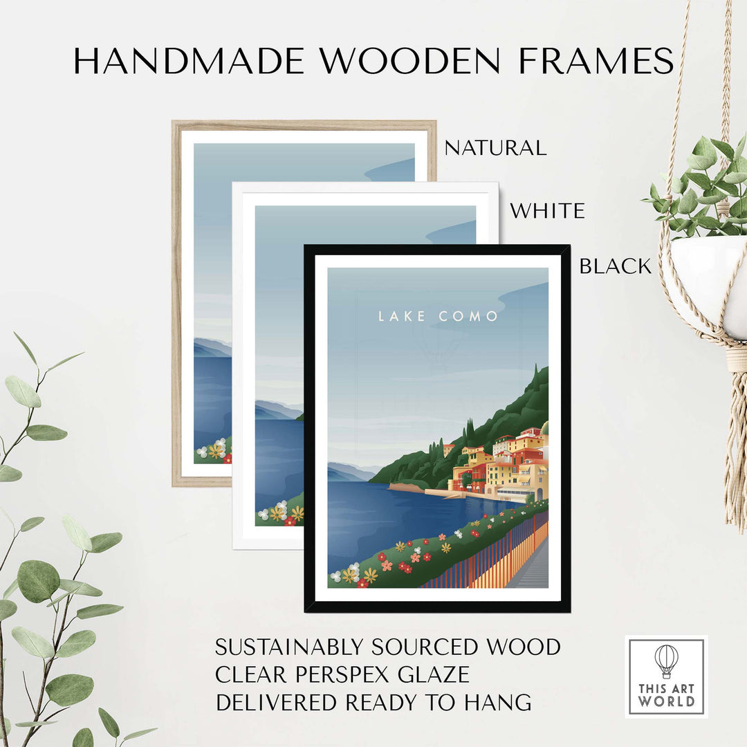 Handmade wooden frames for Lake Como wall art, available in natural, white, and black finishes.