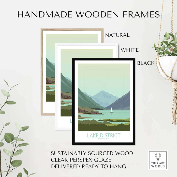 Handmade wooden frames in natural, white, and black, showcasing Lake District poster prints, sustainably sourced and ready to hang.