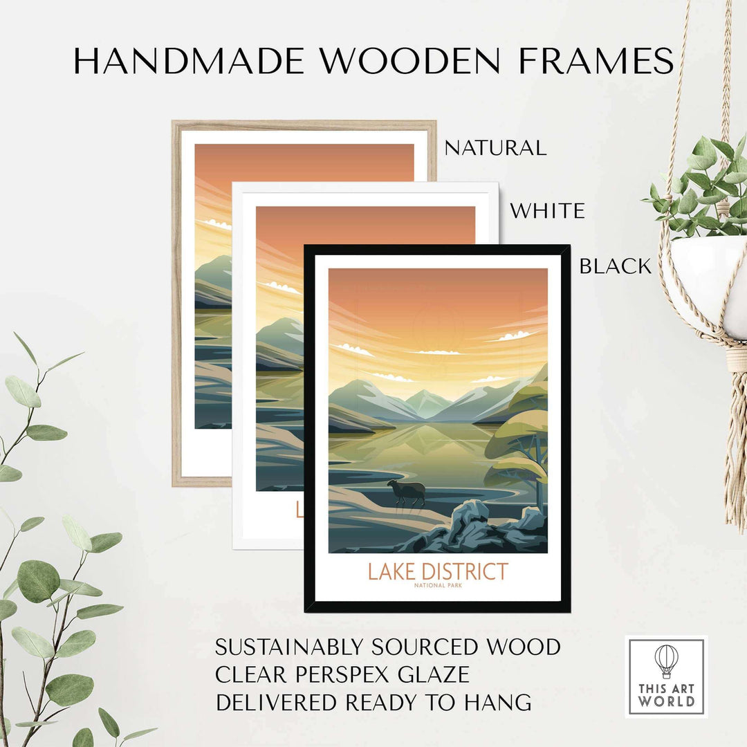 Three handmade wooden frames in natural, white, and black showcasing Lake District art prints, ready to hang.