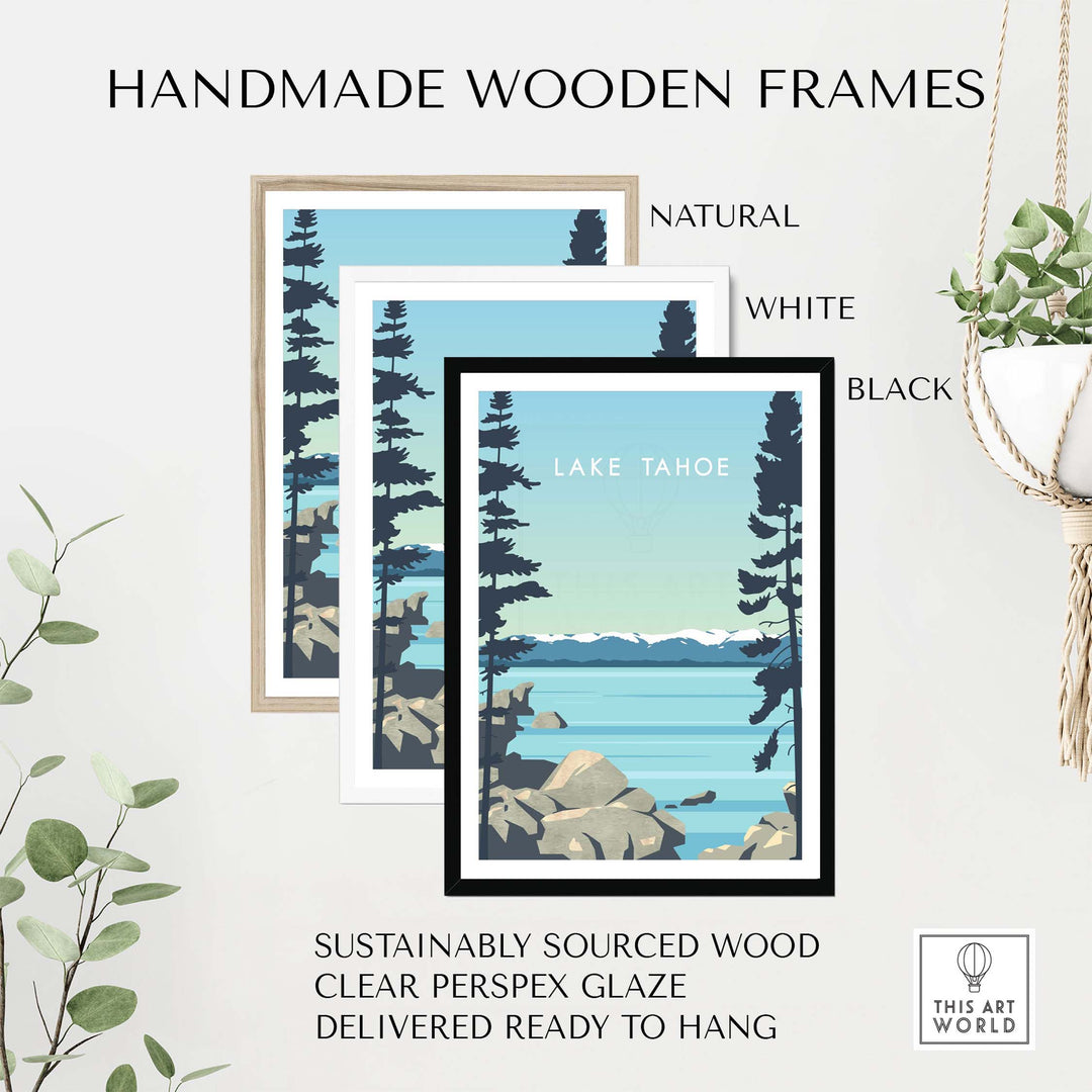 Lake Tahoe print wall art in handmade wooden frames, featuring natural, white, and black options for stylish decor.