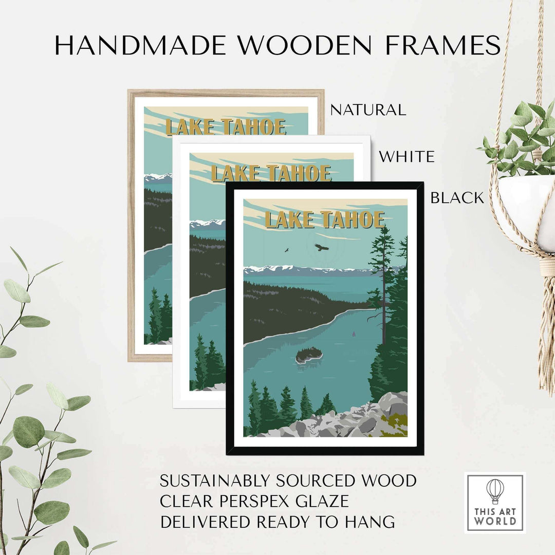 Handmade wooden frames for Lake Tahoe Vintage Print, available in natural, white, and black finishes.