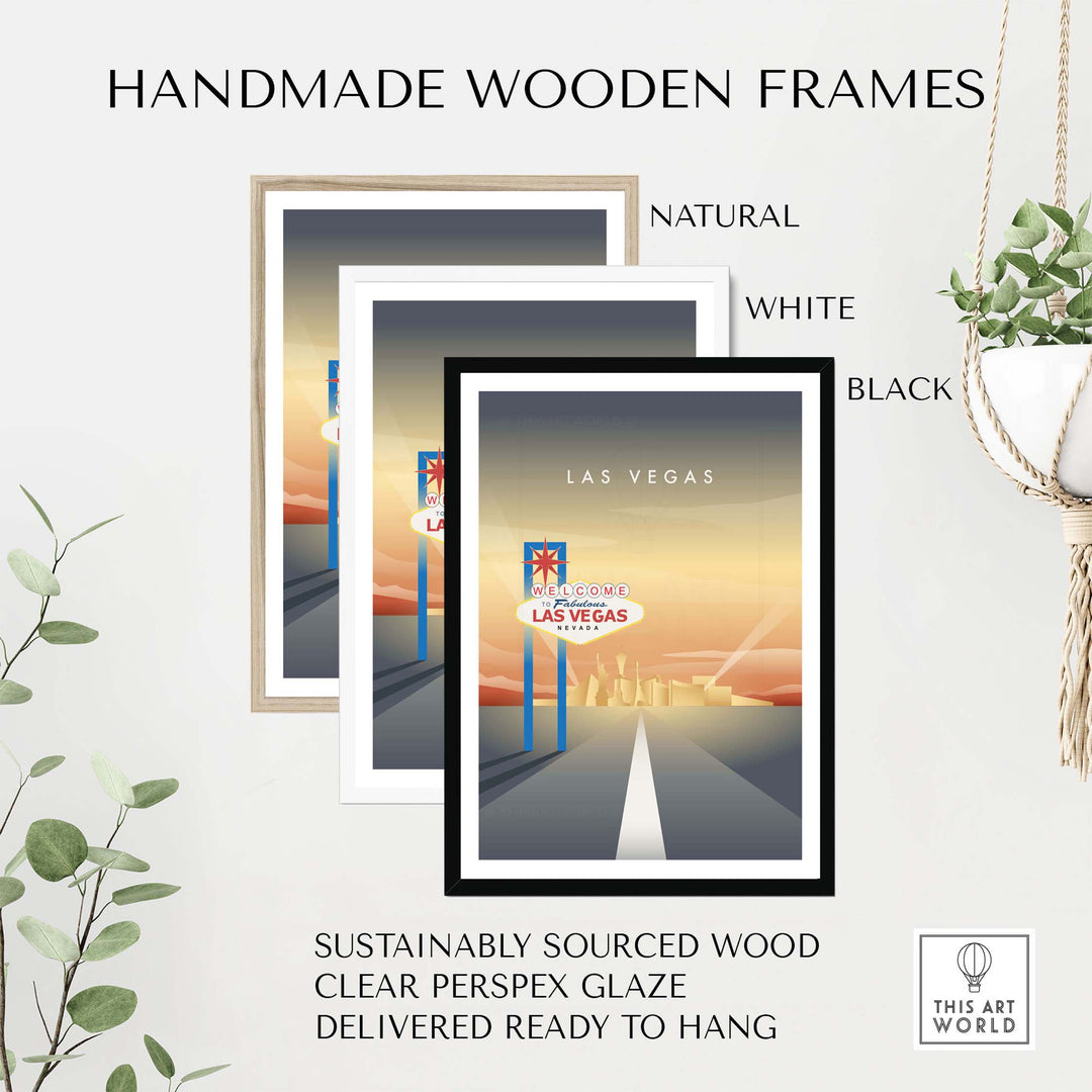 Handmade wooden frames for Las Vegas wall art poster in natural, white, and black finishes.