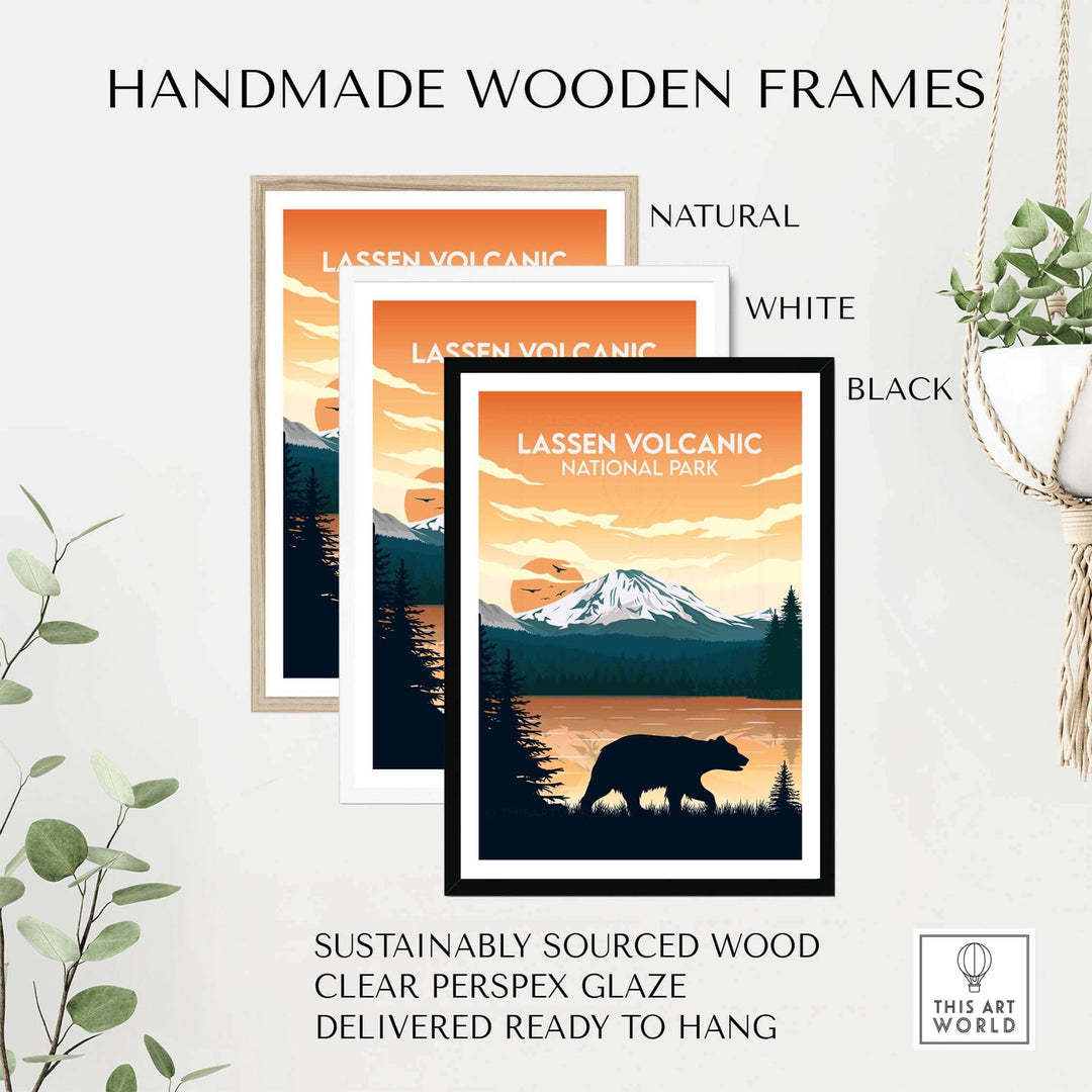 Lassen Volcanic National Park poster displayed in handmade wooden frames in natural, white, and black options.