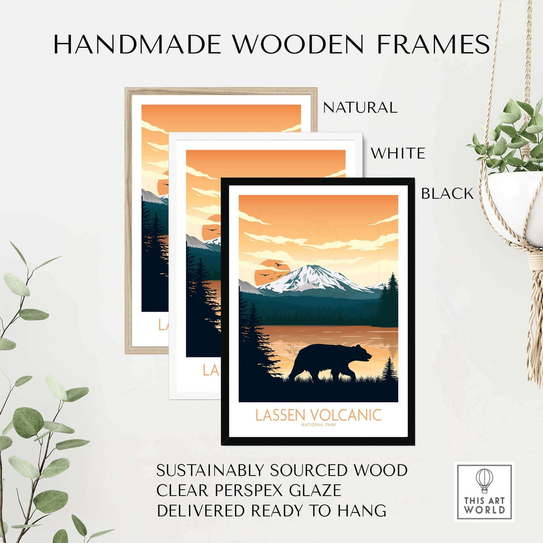 Handmade wooden frames for Lassen Volcanic National Park poster in natural, white, and black finishes.