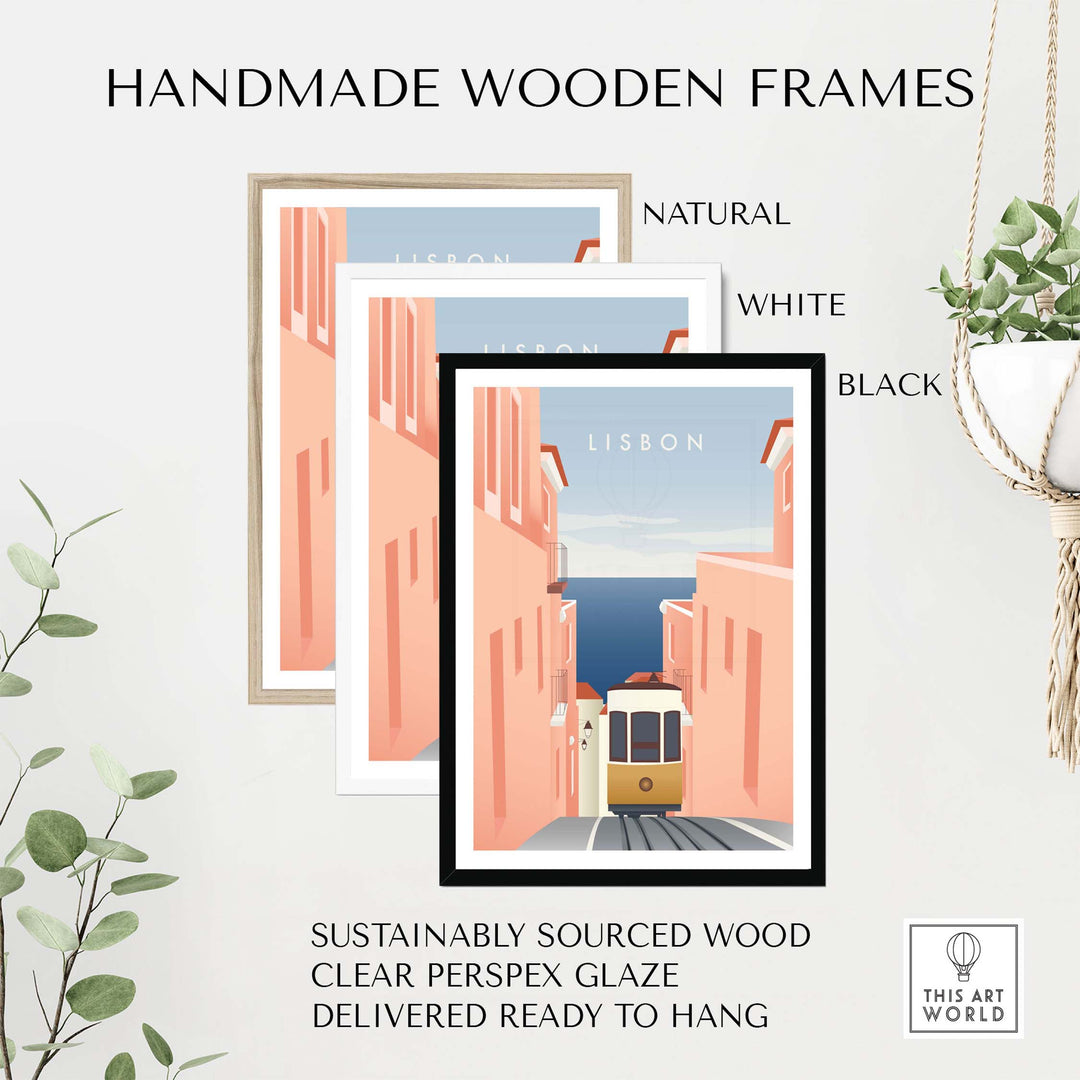 Handmade wooden frames in natural, white, and black for Lisbon Wall Art Poster, made from sustainably sourced wood.
