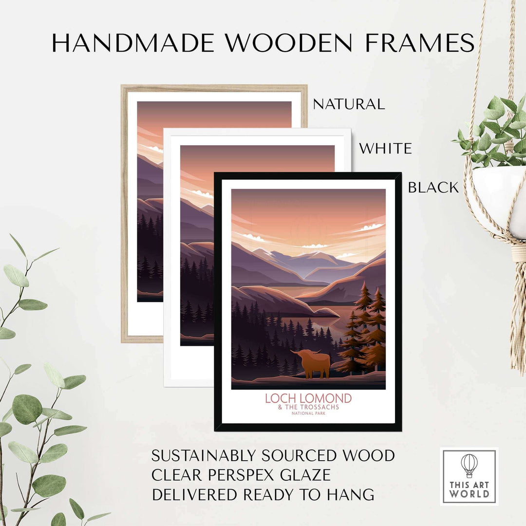 Loch Lomond and The Trossachs Print in handmade wooden frames, sustainably sourced, available in natural, white, and black.