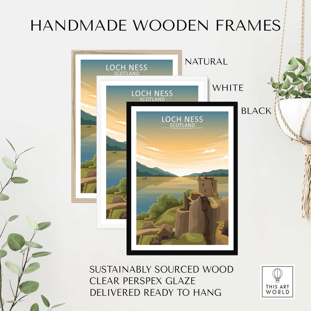 Handmade wooden frames for Loch Ness Scotland print in natural, white, and black finishes, sustainably sourced wood.