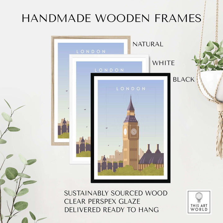 Handmade wooden frames for London wall art, sustainably sourced and ready to hang in natural, white, and black options.
