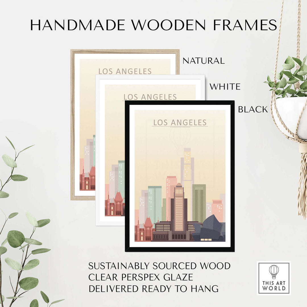 Handmade wooden frames in natural, white, and black colors for Los Angeles skyline wall art, featuring sustainably sourced wood.