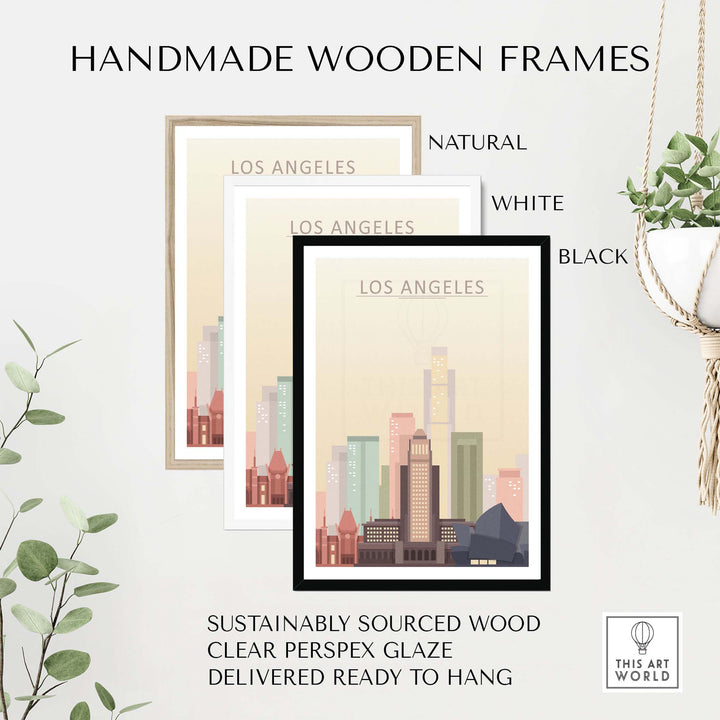 Handmade wooden frames in natural, white, and black colors for Los Angeles skyline wall art, featuring sustainably sourced wood.