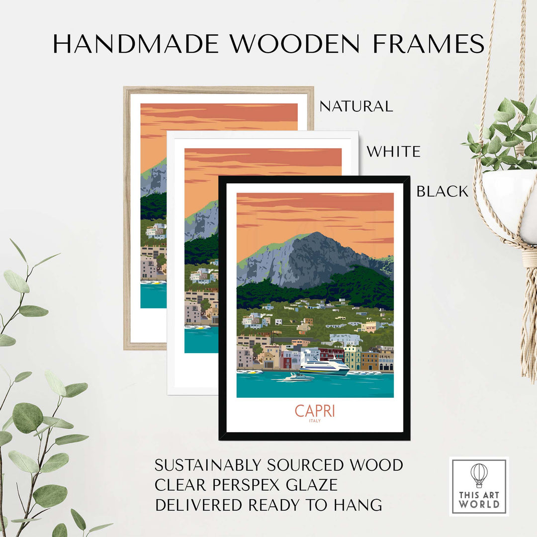 Handmade wooden frames in natural, white, and black for Capri Italy travel poster, sustainably sourced and ready to hang.