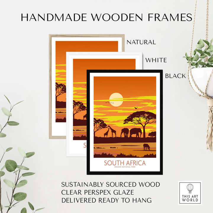 Handmade wooden frames in natural, white, and black for South Africa travel prints, made from sustainable wood.
