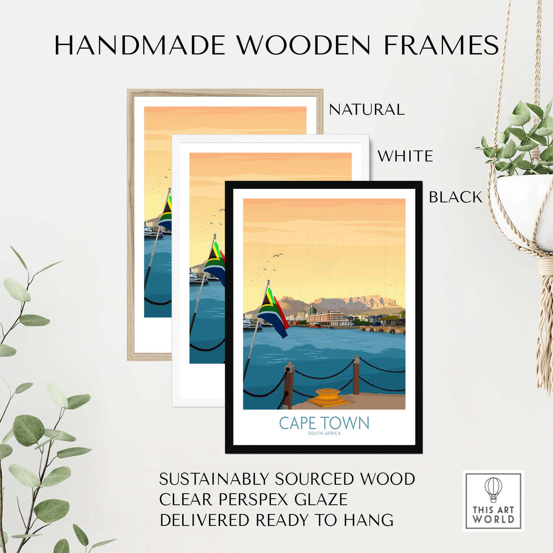 Handmade wooden frames in natural, white, and black for Cape Town print, sustainably sourced and ready to hang.