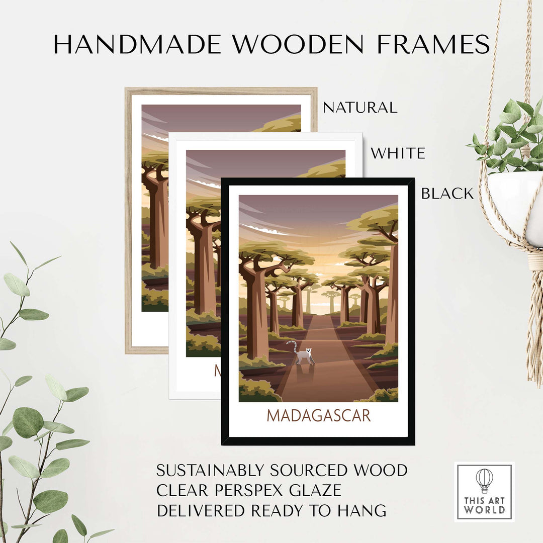 Handmade wooden frames for Madagascar poster in natural, white, and black options, featuring sustainably sourced wood.