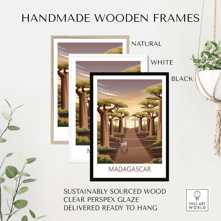 Handmade wooden frames for Madagascar poster in natural, white, and black options, featuring sustainably sourced wood.