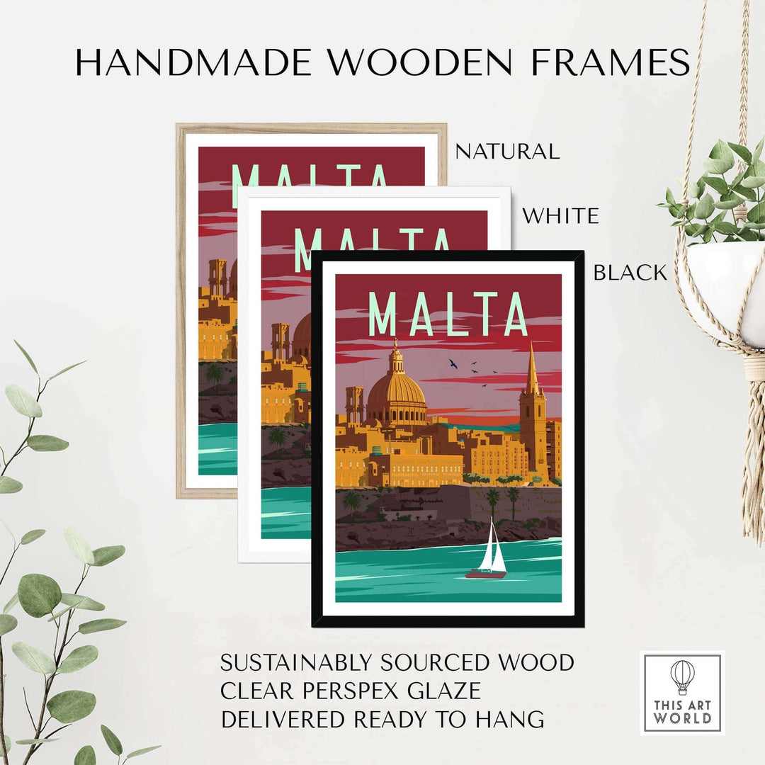Malta poster print wall art in handmade frames: natural, white, black. Sustainable wood, ready to hang decor.