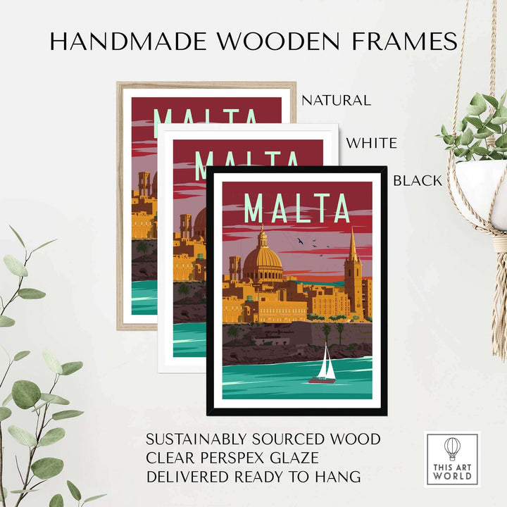 Malta poster print wall art in handmade frames: natural, white, black. Sustainable wood, ready to hang decor.