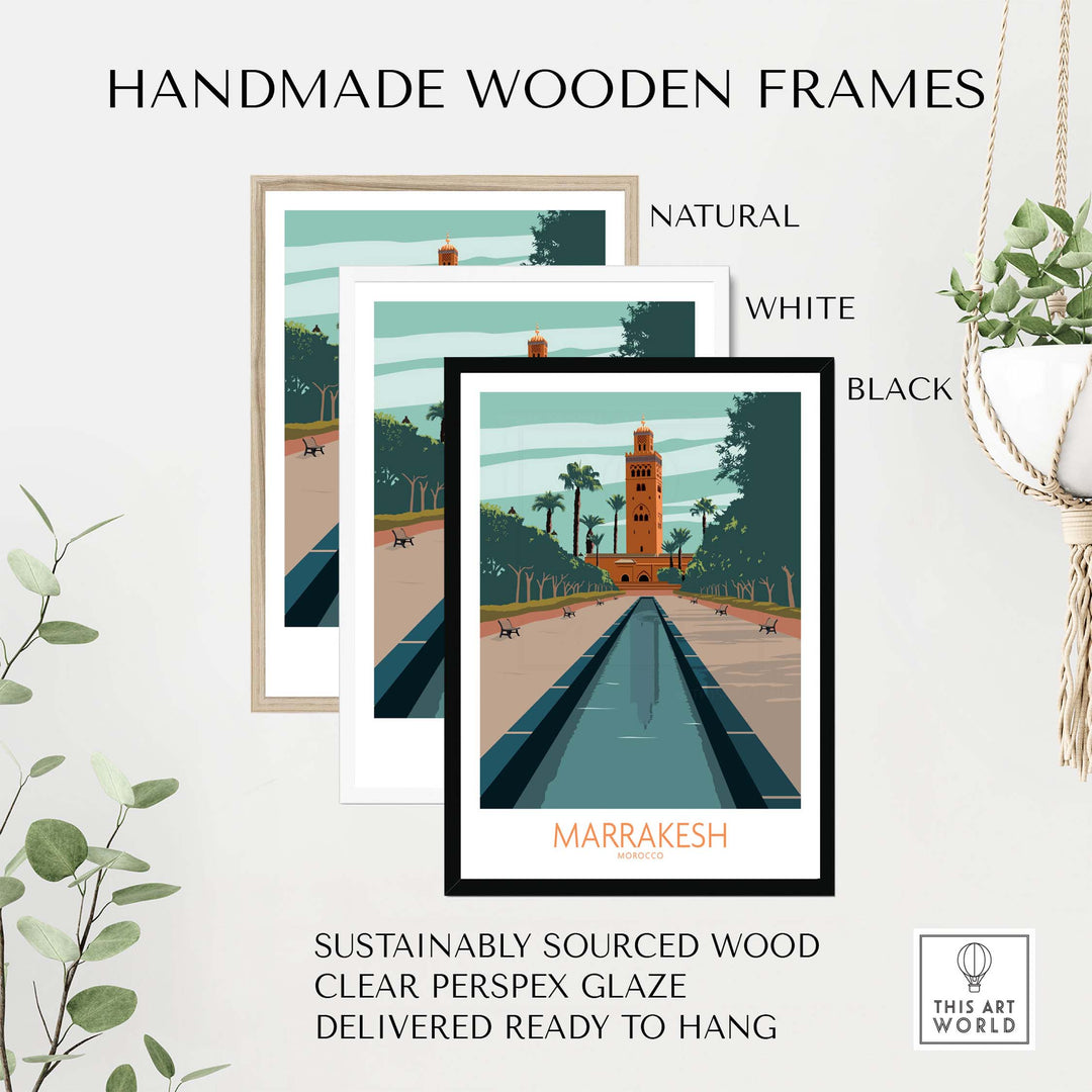 Handmade wooden frames in natural, white, and black for Marrakesh wall art, sustainably sourced and ready to hang.