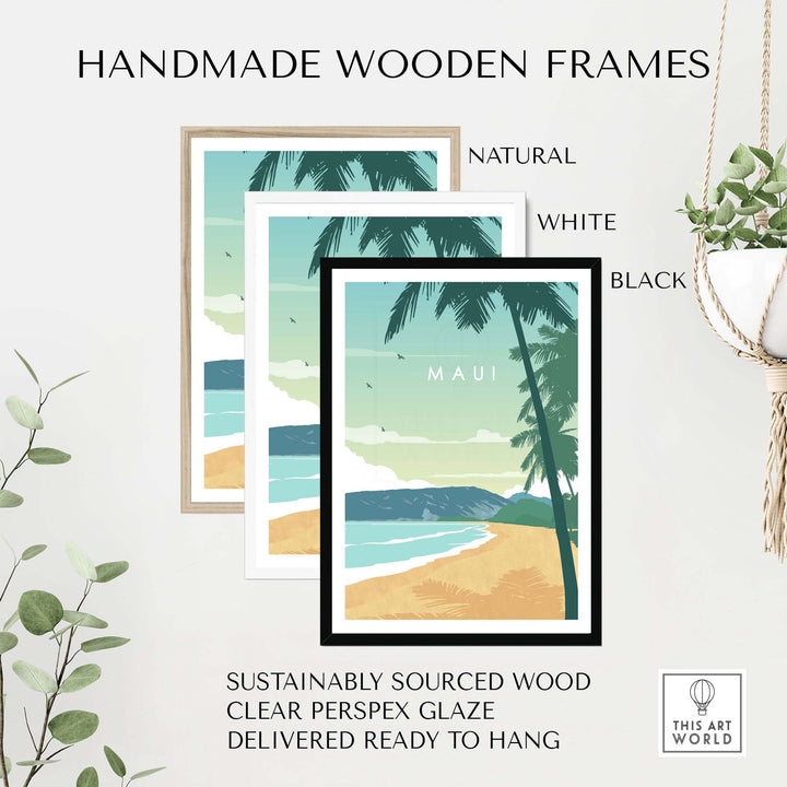 Handmade wooden frames in natural, white, and black for Maui print wall art, featuring sustainably sourced wood.