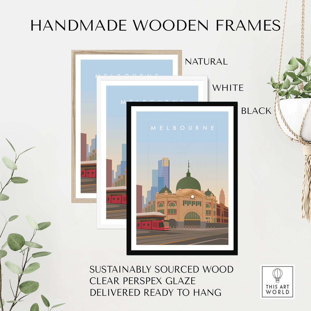 Melbourne wall art print framed in natural, white, and black handmade wooden frames, sustainably sourced wood.