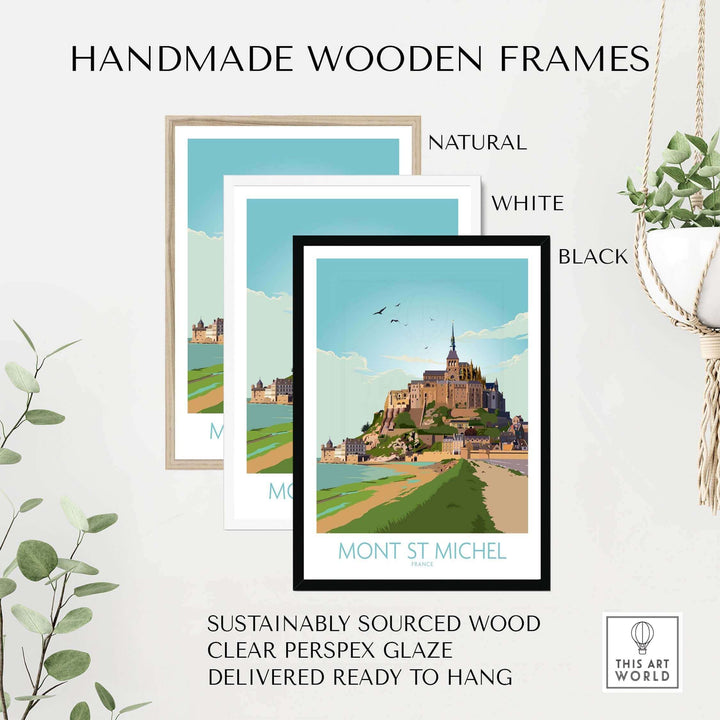 Handmade wooden frames for Mont Saint Michel print in natural, white, and black options, crafted from sustainably sourced wood.
