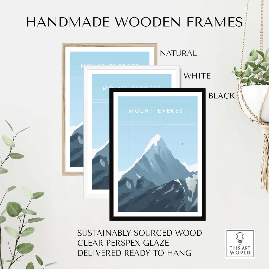 Mount Everest poster framed in natural, white, and black handmade wooden frames for stylish wall art.