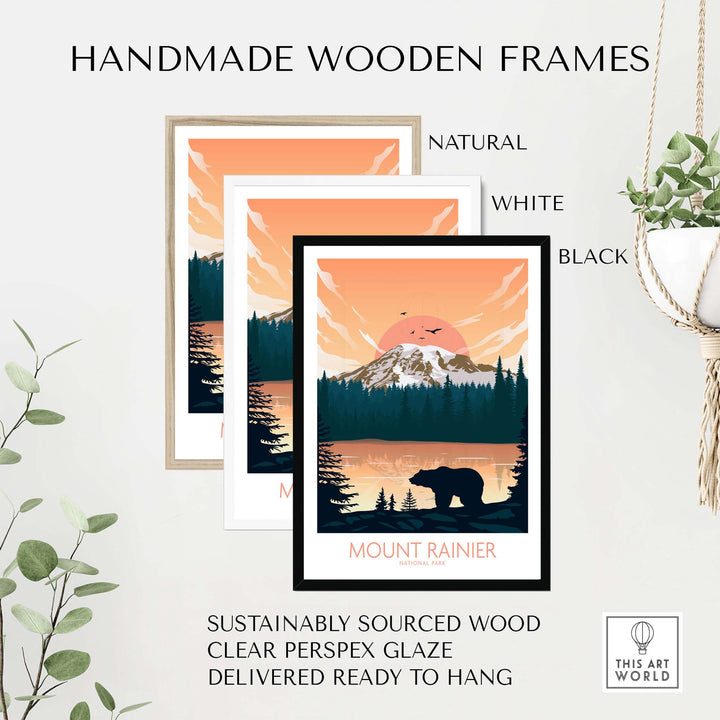 Mount Rainier poster in handmade wooden frames, showcasing natural, white, and black options, perfect for stylish wall decor.