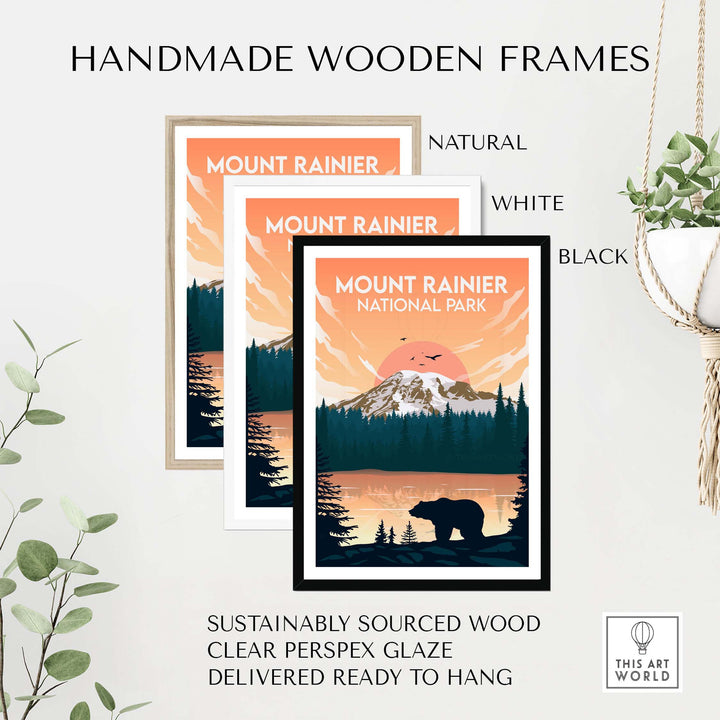 Handmade wooden frames for Mount Rainier National Park print in natural, white, and black finishes.