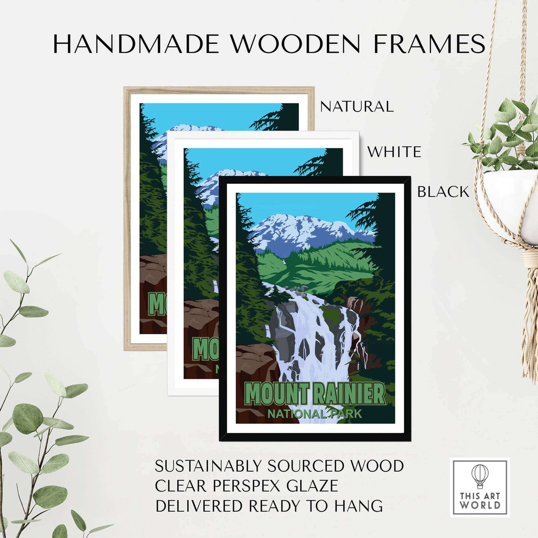 Handmade wooden frames in natural, white, and black for Mount Rainier National Park print, sustainably sourced and ready to hang.