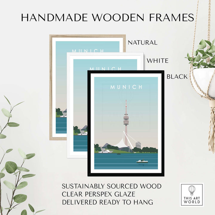 Munich Print Travel Poster in handmade wooden frames, available in natural, white, and black options, ready to hang.
