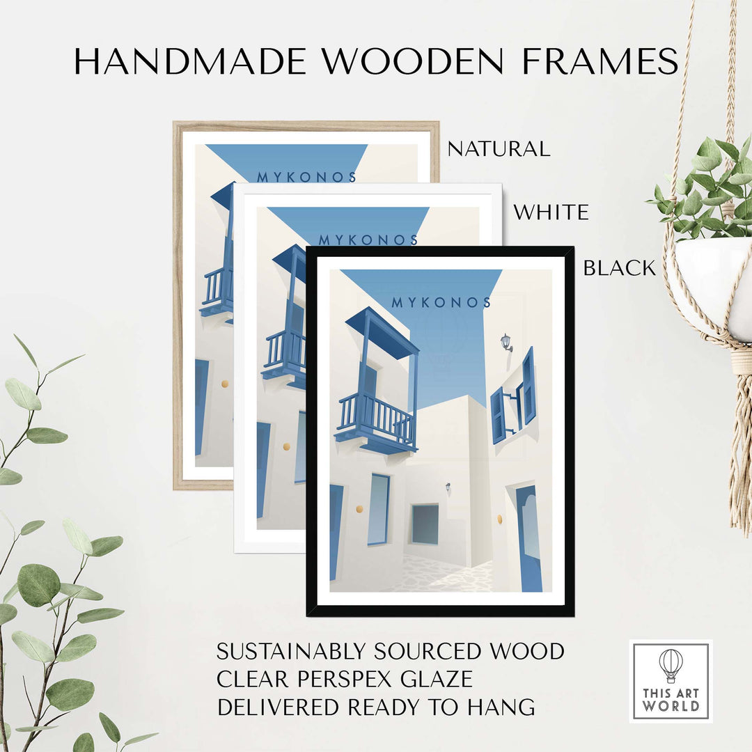 Three handmade wooden frames for Mykonos wall art in natural, white, and black, showcasing sustainable craftsmanship.