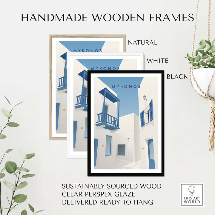 Three handmade wooden frames for Mykonos wall art in natural, white, and black, showcasing sustainable craftsmanship.