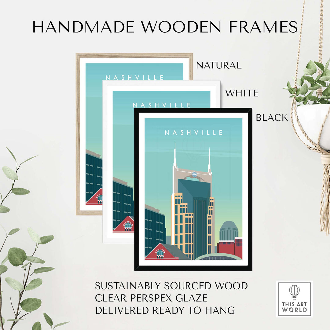 Handmade wooden frames for Nashville art print in natural, white, and black colors. Sustainably sourced wood, ready to hang.
