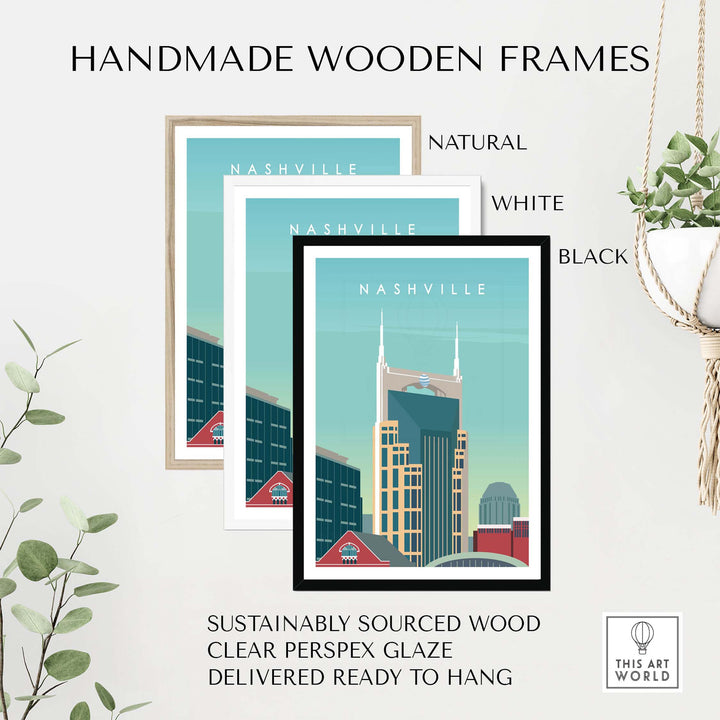 Handmade wooden frames for Nashville art print in natural, white, and black colors. Sustainably sourced wood, ready to hang.