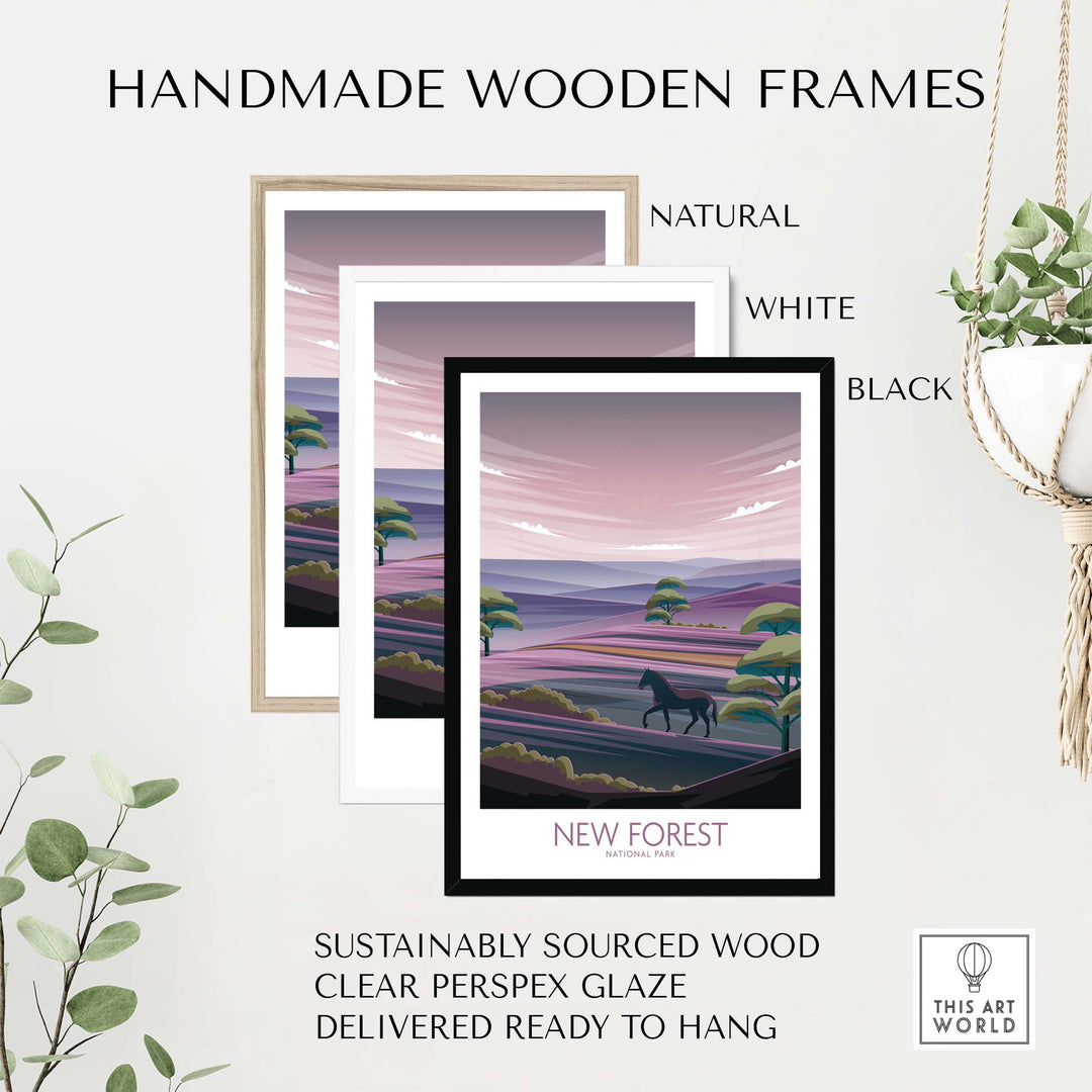 Handmade wooden frames in natural, white, and black styles for New Forest art prints, ready to hang with sustainable materials.