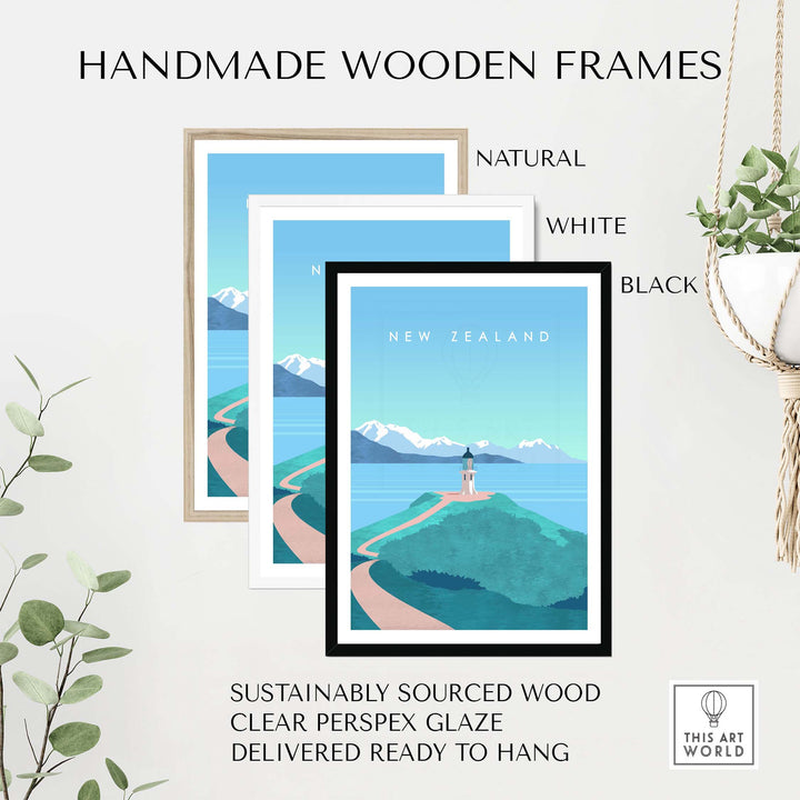 Handmade wooden frames in natural, white, and black for New Zealand travel posters, sustainably sourced and ready to hang.