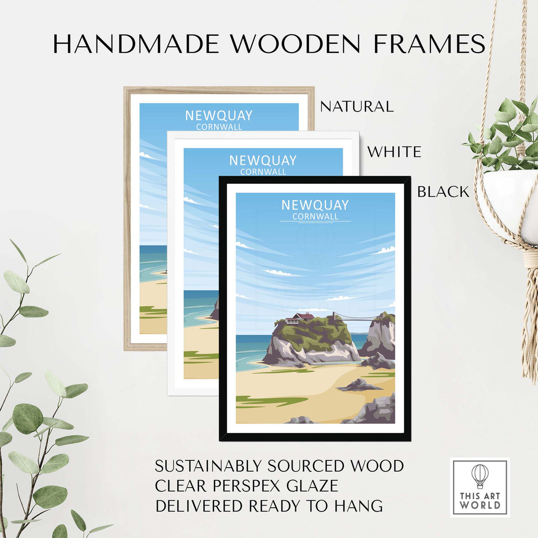 Handmade wooden frames in natural, white, and black for Newquay Cornwall Print, sustainably sourced and ready to hang.